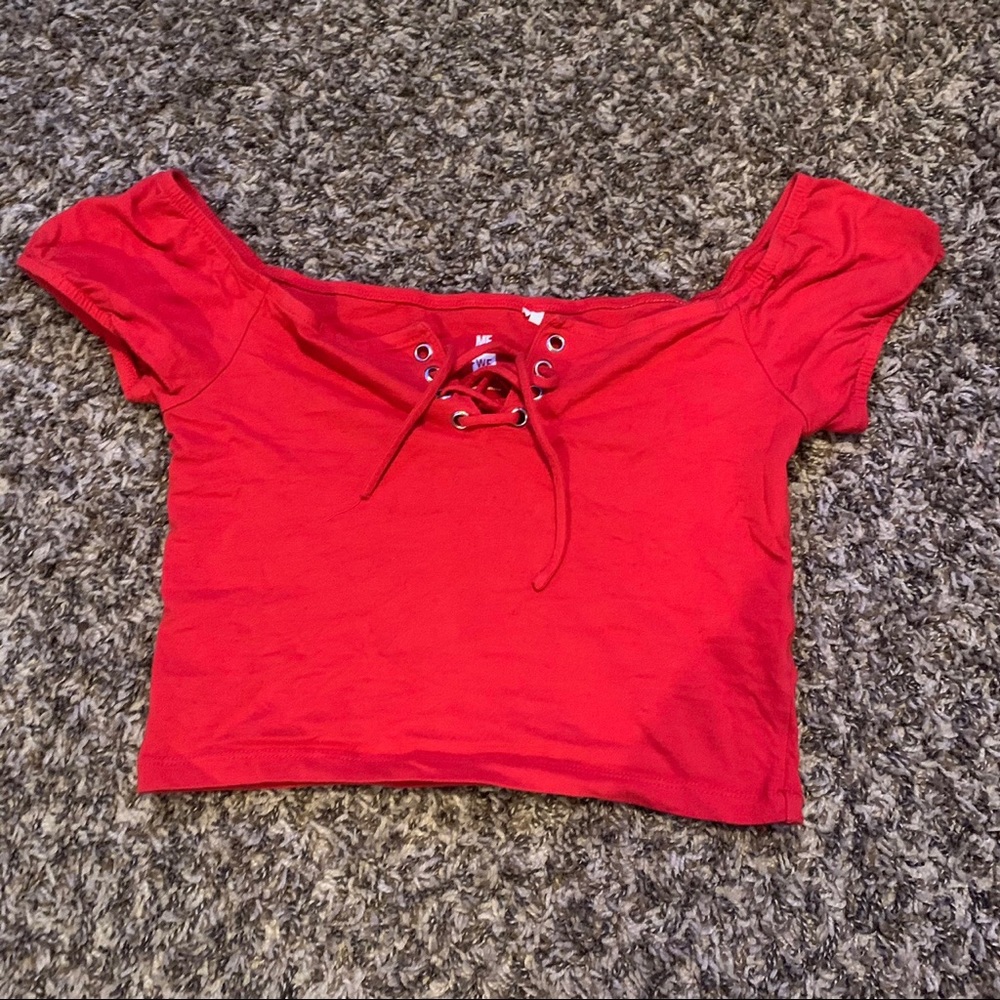 red cropped off the shoulder with lace up v neck